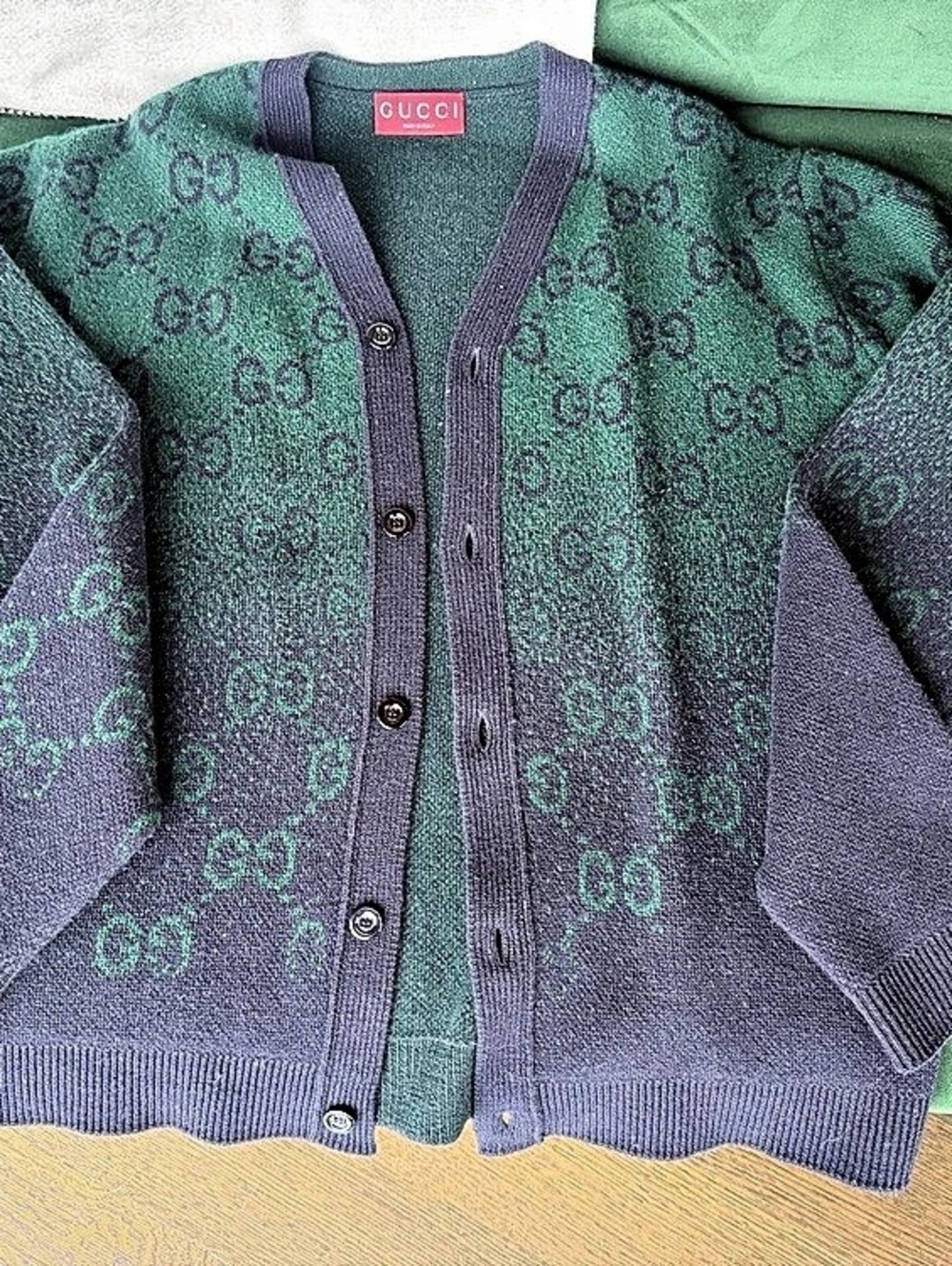 Gucci Men’s GG Jacquard Wool Cardigan Green Navy Size L